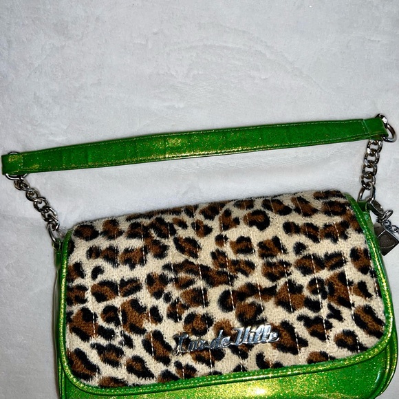 Lux de Ville Mini Gambler Lime Green Sparkle with Leopard Fur Bag - Picture 11 of 13